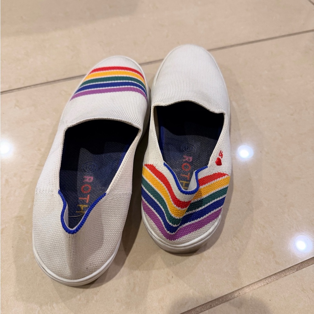 Rothy’s White Slip-On Shoes with Rainbow Stripes - Picture 4 of 7